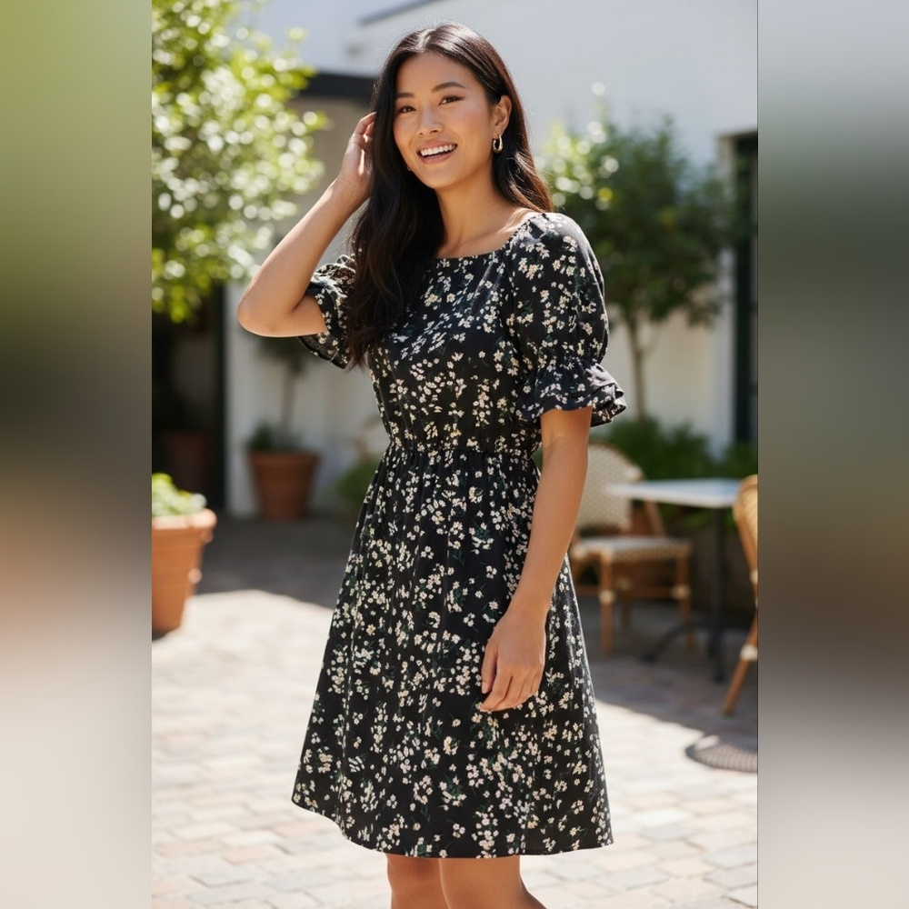 Allegra K Floral Midi Dress Square Neck Pockets Puff Sleeve Zipper Closure
